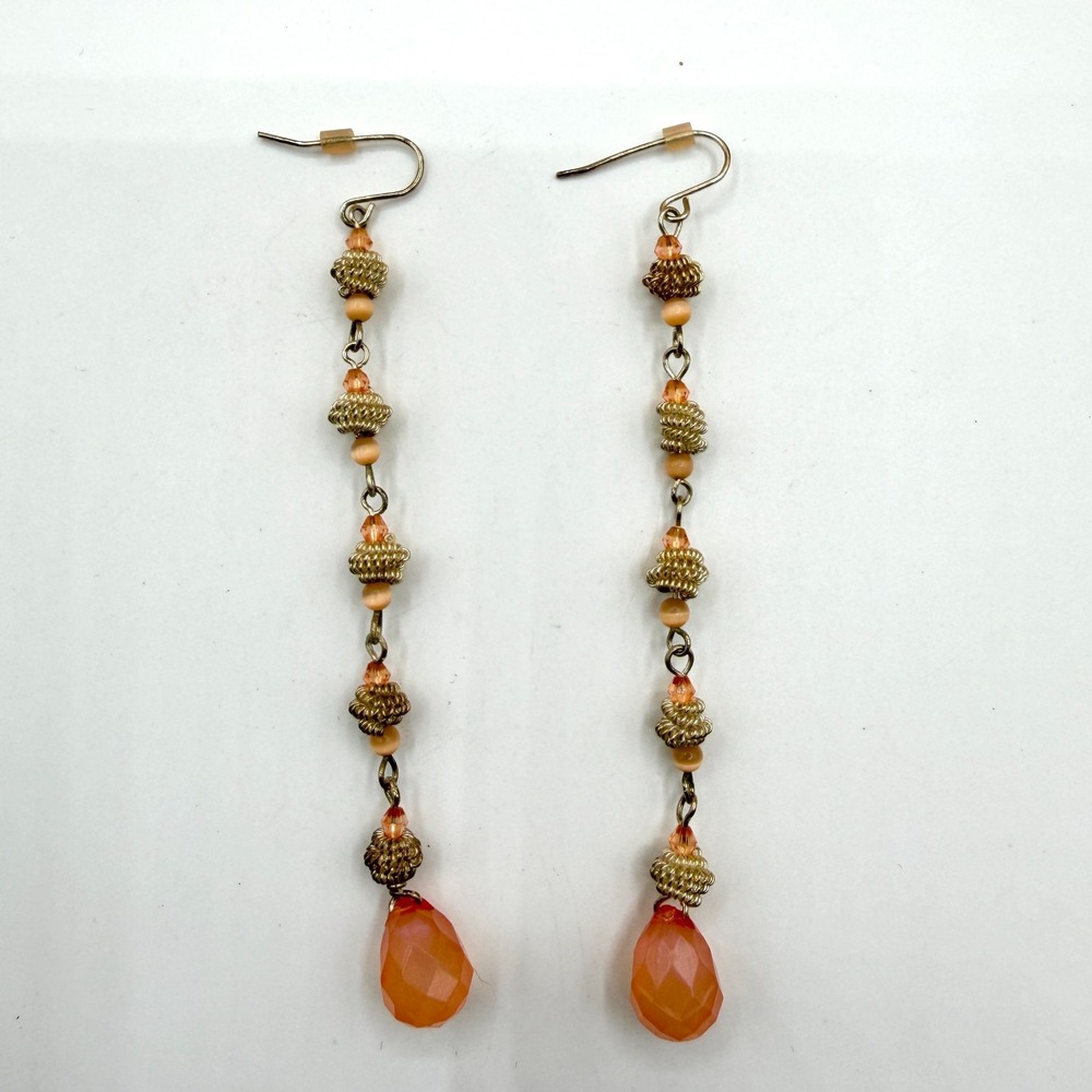 Long Peach Faceted Teardrop Bead Gold Tone Dangle Drop Earrings Boho Statement